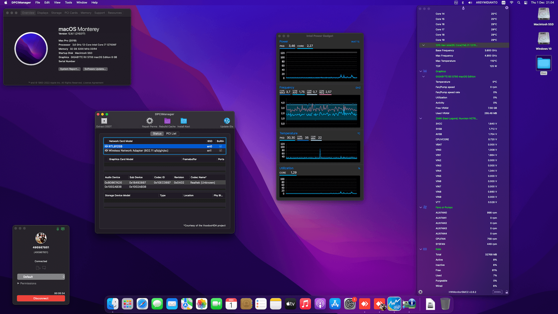 Success Hackintosh macOS Monterey 12.6.1 Build 21G217 in Asrock Z690 Steel Legend + Intel Core i7 12700KF + Gigabyte RX 5700